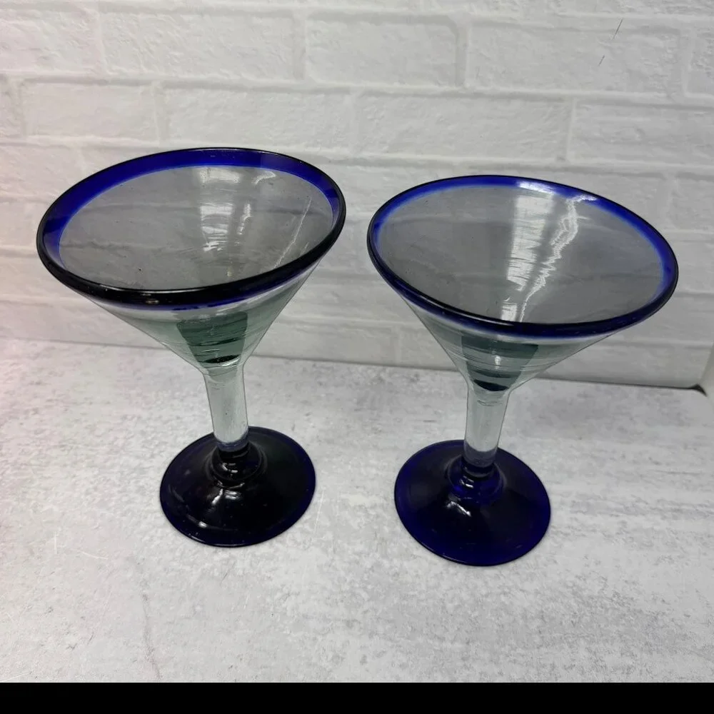 Vintage Mexican Cobalt Blue Rim Margarita Glasses 8 oz Set‎ of 2